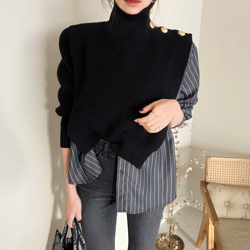 ニット シャツ 切り替え ドッキング トップス ニットソー セーター 袖