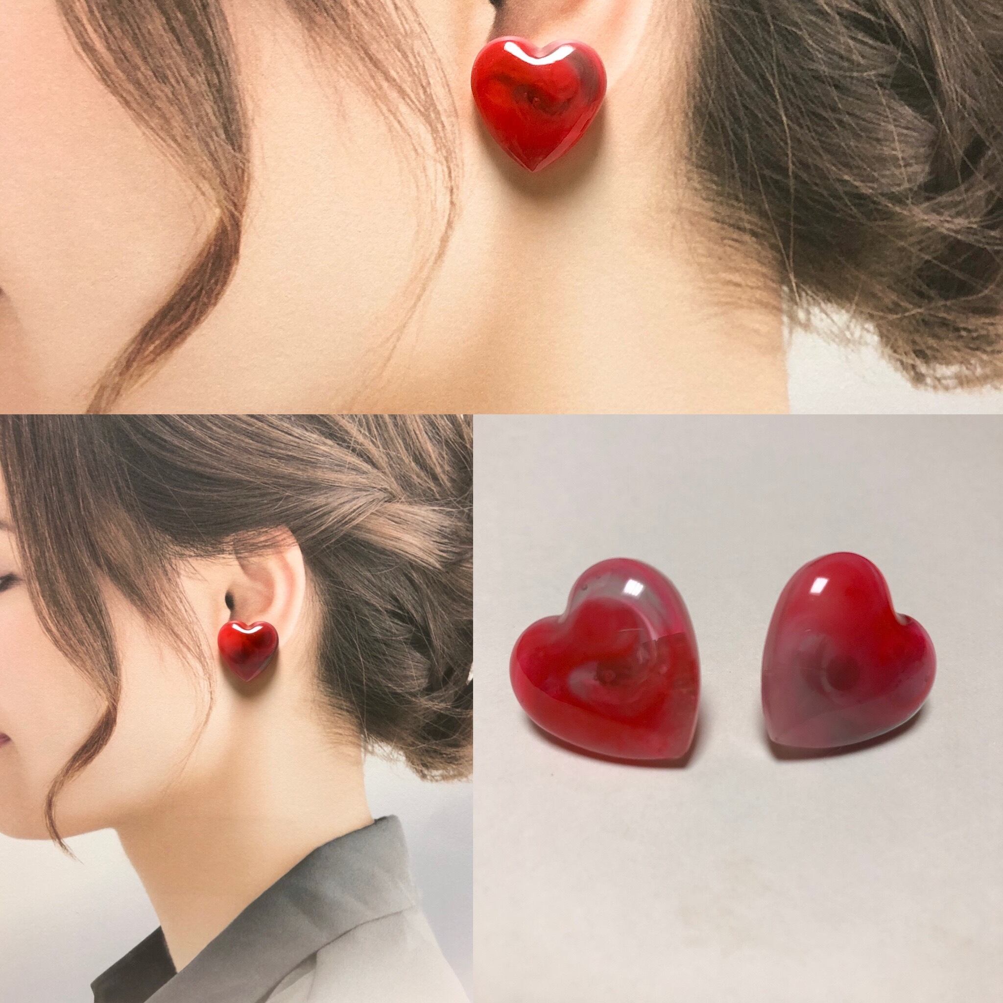 赤いハートとクローバーのデザインピアス 16G 14G ］赤を効かせる遊びごころ♪クローバー ×ハート Clubs