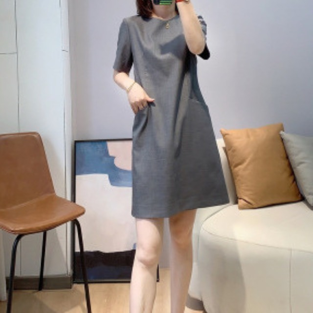 シンプルグレー半袖ワンピース　m0064