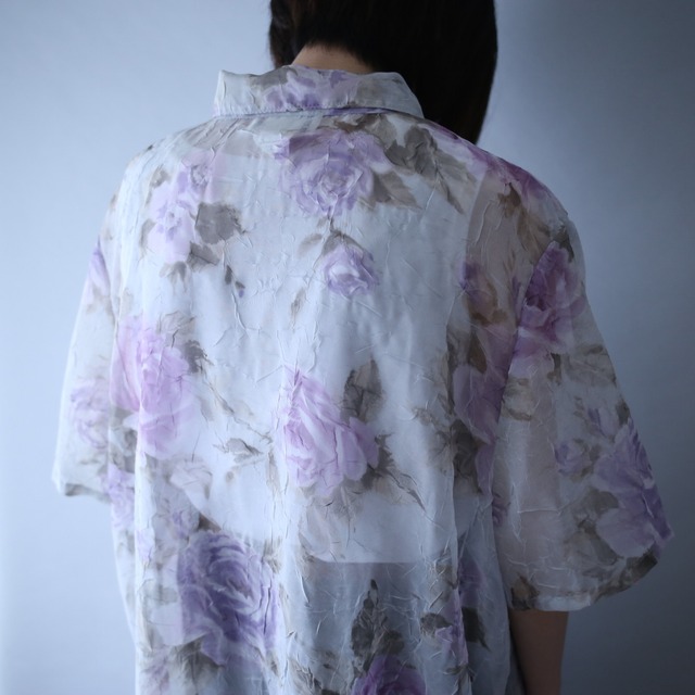 flower art pattern wrinkle fabric h/s see-through shirt