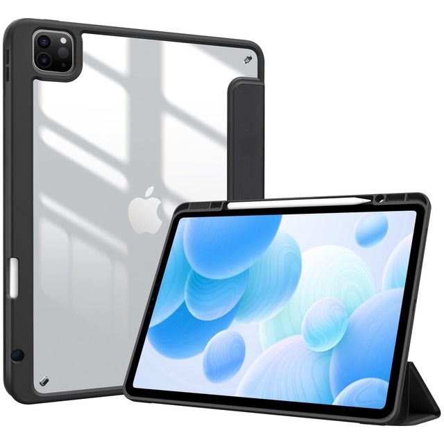ProCase iPad Pro 12.9 ケース 第6/5/4/3世代に適用(2022 2021 2020 2018) 透明 クリアバックカバー ペン収納 耐衝撃 三つ折り スタンド スマートカバー - ブラック