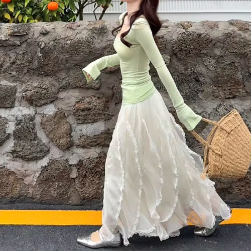 【2点セット】レースネックトップス＋レーストリムシフォンマキシスカート ・75926