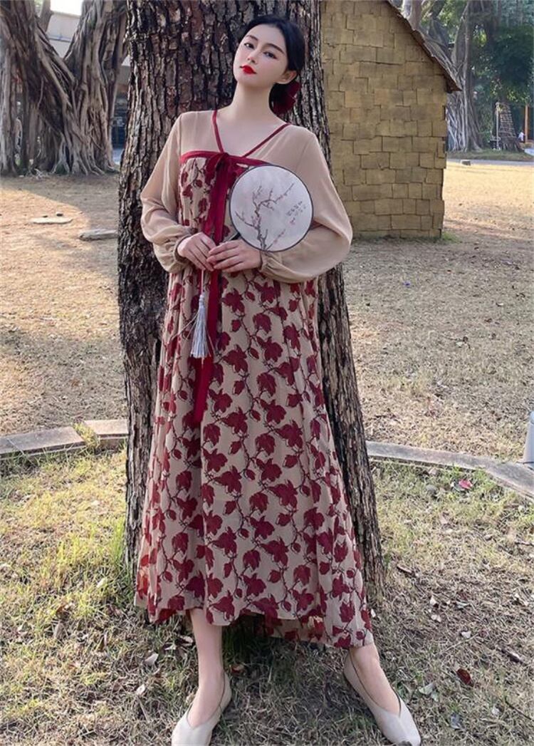 シルエットが美しい 改良漢服 肌にやさしい ロマンティック シフォン フローラル ワンピース