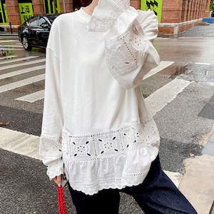 Cotton lace panel gathered blouse 2litr06199