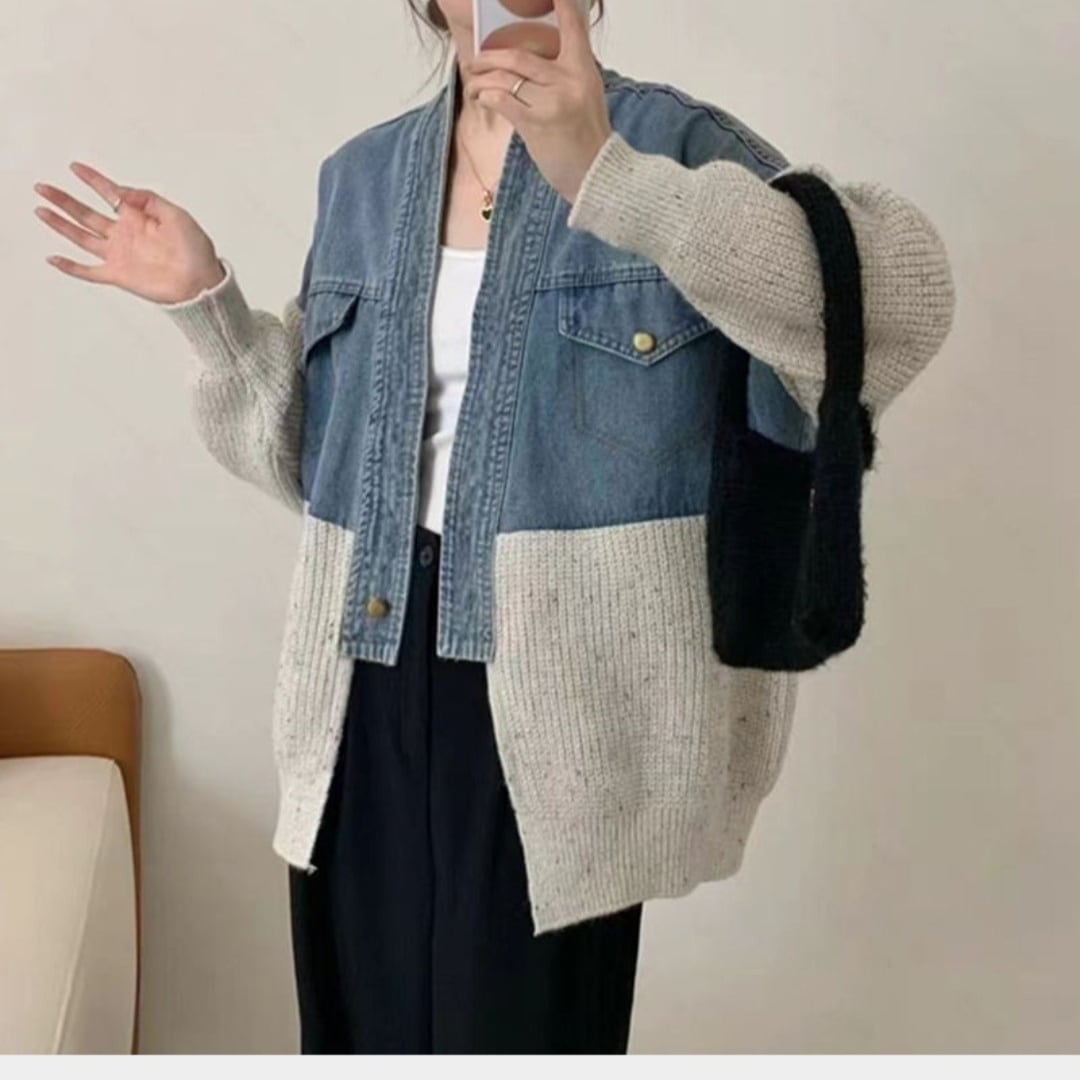 デニム切り替えニットカーディガン | O-gibashop.