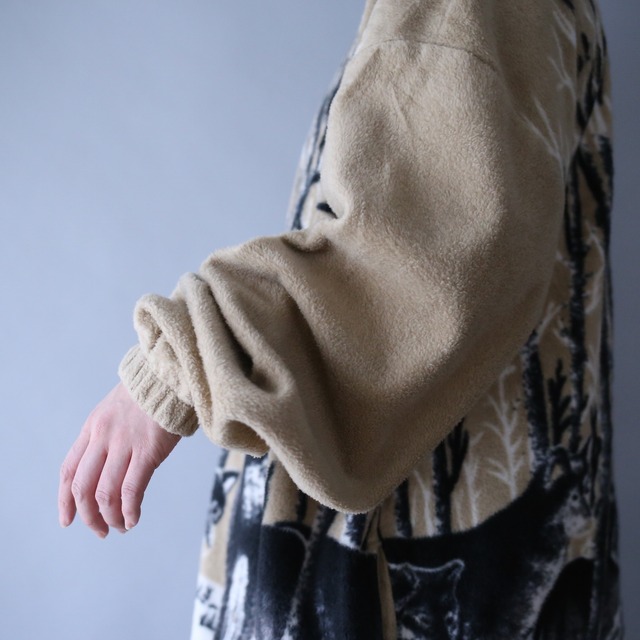 "狼" good animal and tree pattern over silhouette fleece jacket