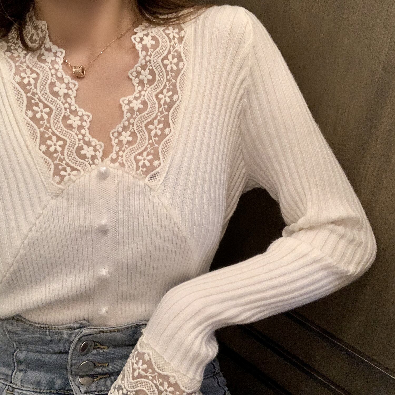 スプリングレースニットセーター レディーススリムVネックブラウス 春物 ステッチ 6Du_Shop_Women40200659341