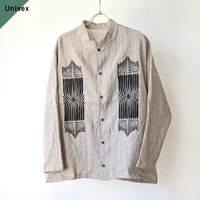 Bohemians フレンチリネンポルト刺繍スタンドカラーシャツ8分袖 / French linen Porte EMB Stand-collar Shirt 8/S