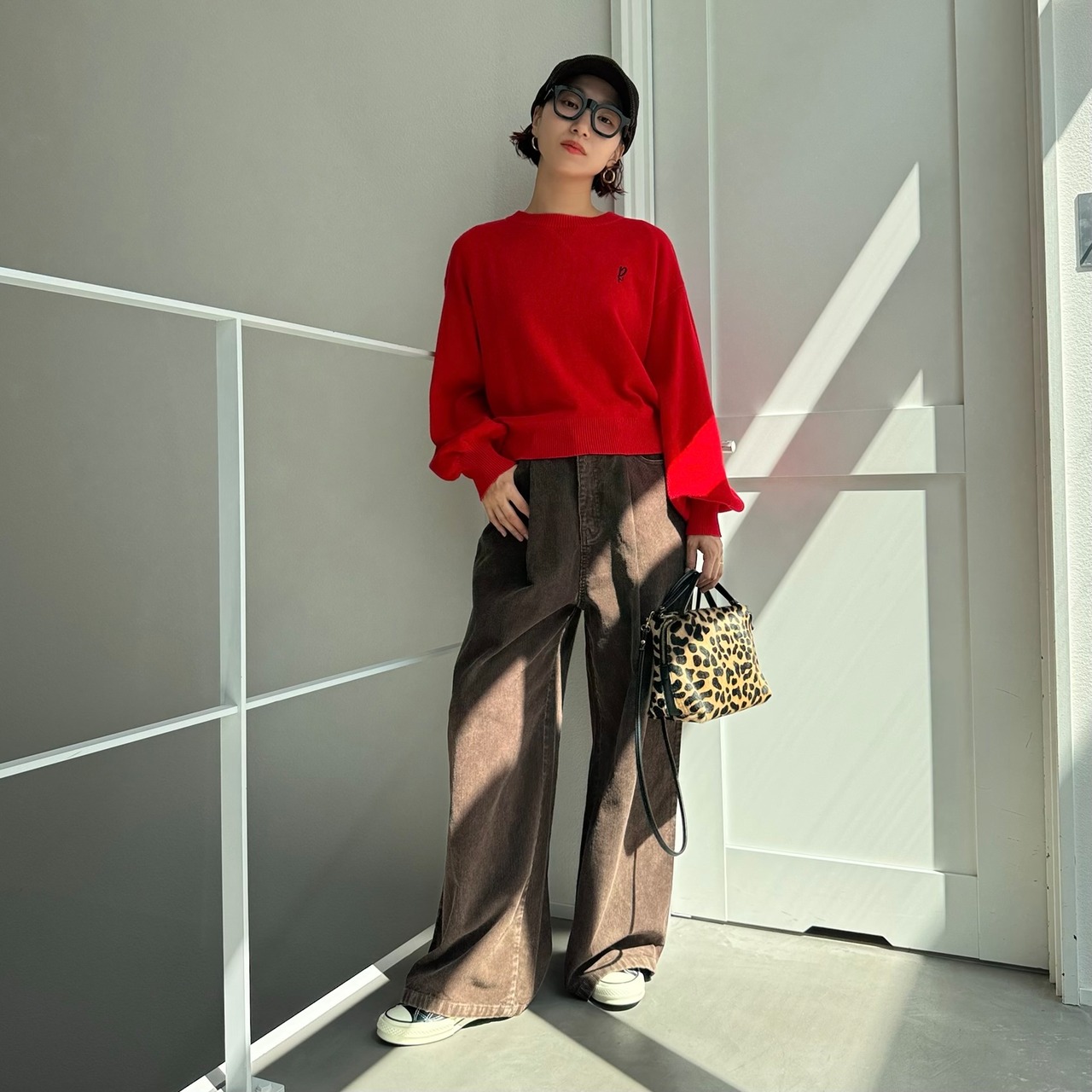 【R】刺繡ポイントニットPO/レッド