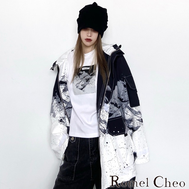 お支払い確認後日以内発送 Romelcheo 雪山柄 マウンテンパーカー マンパ オーバーサイズジャケット フーディージャケット ジャケット ボリューム袖 ドロップショルダー 長袖 アウター アウトドア 個性的 レディース モード系 ストリート 原宿系 青文字系 ファッション