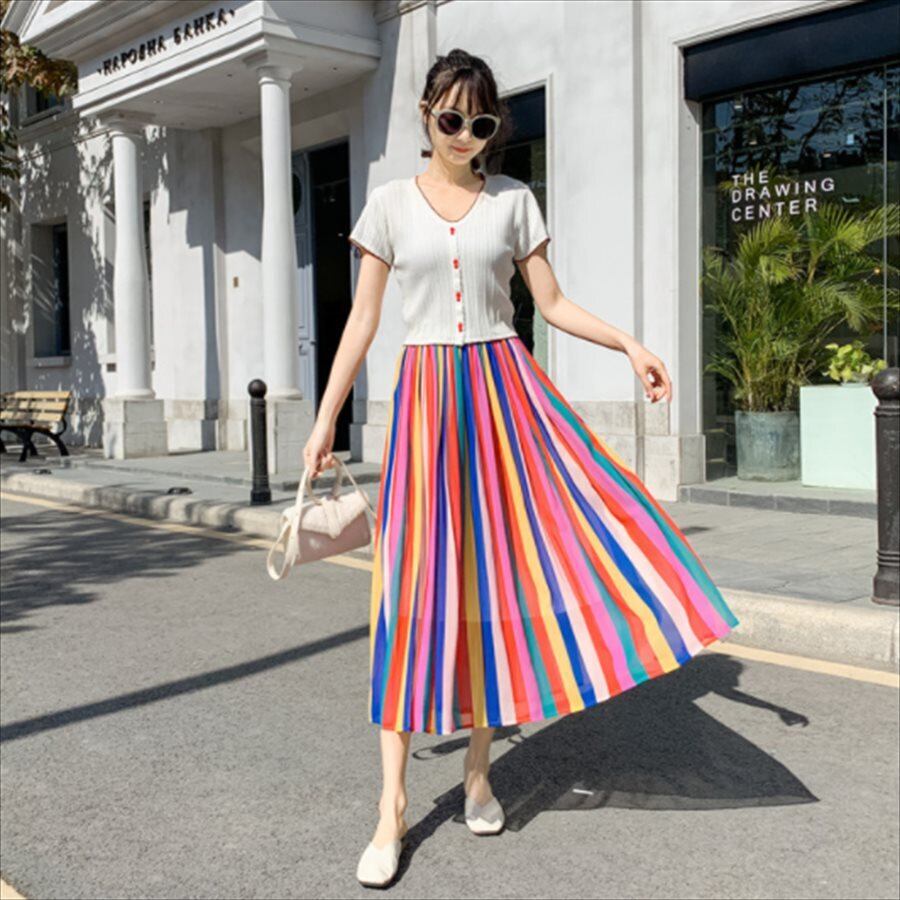 カジュアル系 マキシスカート Aライン フレア ウェストゴム マルチカラー レインボーカラー 体型カバー 夏 お出かけ 国内即発送