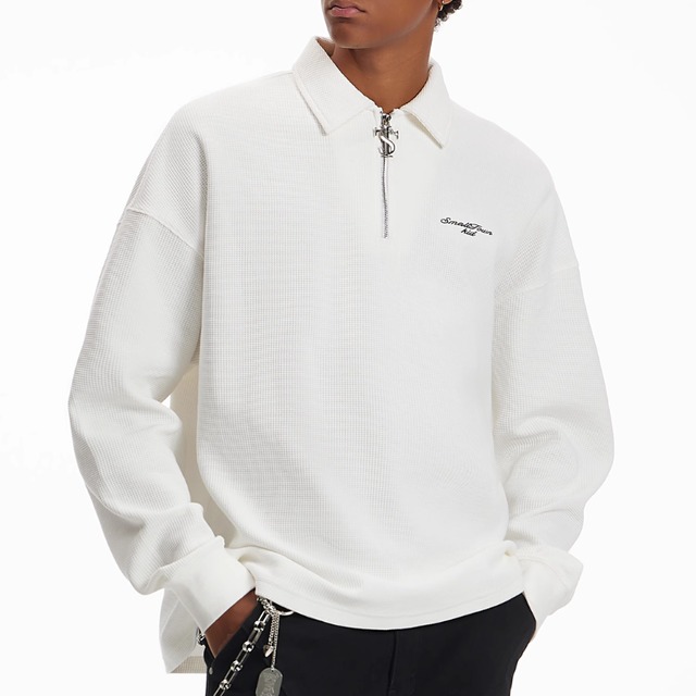 【DRIP3501】STKD Simple Logo Half Zip Waffle Fabric Tee