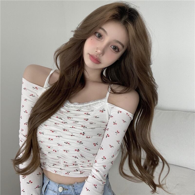 ニットTシャツ レディースサマー薄手レースショートトップス ロング 夏物 オフショルダー ピュア ブラックストロベリース32480441173