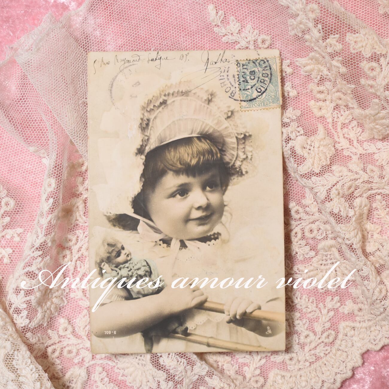 Antique postcard 百合の花を手にする妖精の少女 France P215
