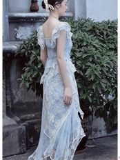 【0199】Flower Lace Frill Blue Short Sleeve 2 Piece Set