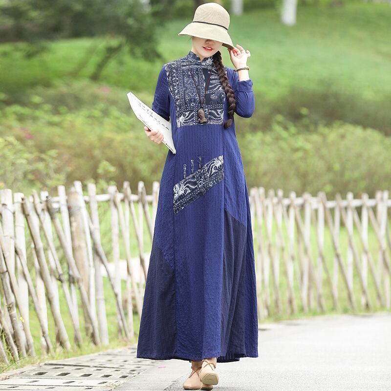 チャイナ風ワンピース チャイナ風服 チュニック カジュアルワンピース 長袖 スタンドネック ロング丈 マキシ丈 女子会 同窓会 大きいサイズ M L Ll 3l ネイビー ゆったり Elegant