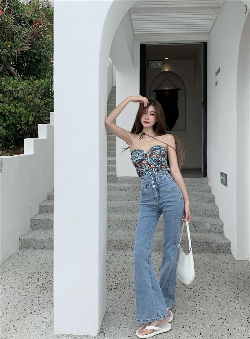 ジーンズ 薄手ウェストサマースリムスタイルスタンダードパンツ ハイウェスト レッド レトロ 夏物 ブラックストロベリース27973045737