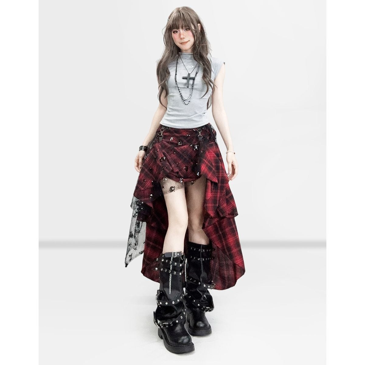 極美品　ドゥロワー　2way リバーシブル　チェック柄スカート　巻きスカート Y2K紅黒チェック2WAY変形ロングスカート | Maiden's Rêve