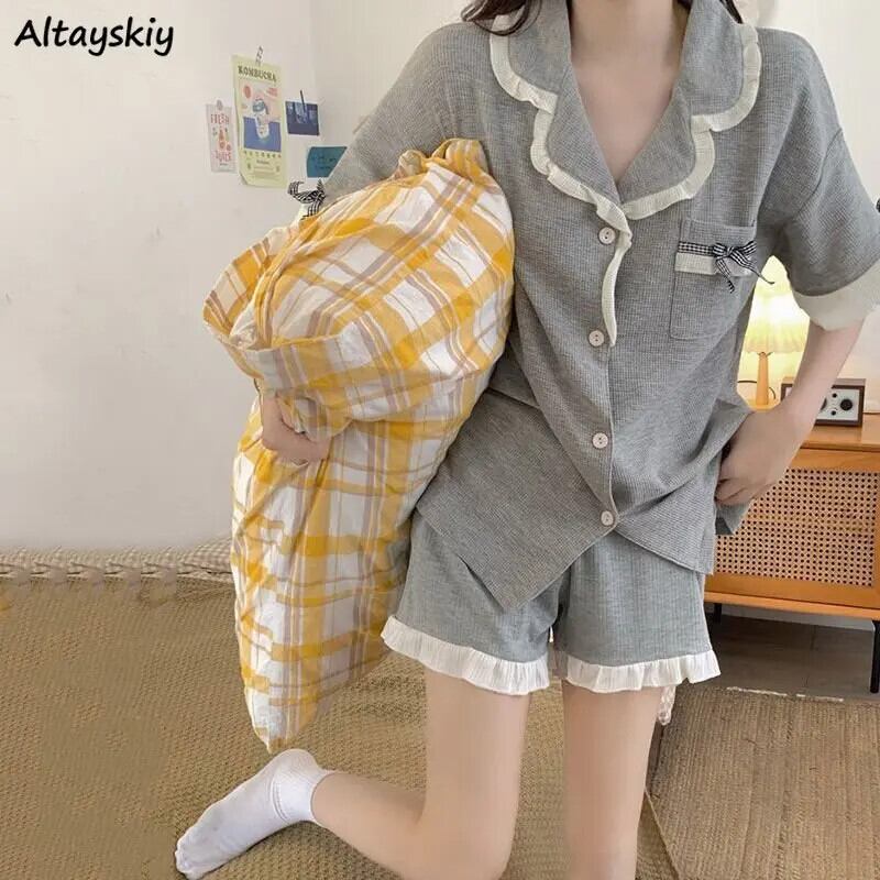 【新作】【送料無料】 パジャマセット女性半袖パネル張り甘いルーズホームカジュアル原宿シックなシンプルなティーンソフト服美的韓国スタイル 0395628121678