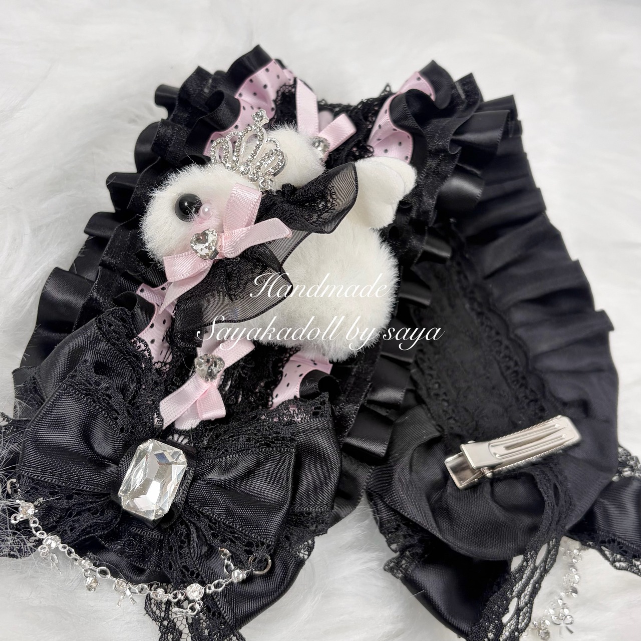 ♡【受注生産】No.5 きらめくティアラの天使のうさぎさん付き ドット柄フリル クリスタルドロップ 大人かわいい姫系リボンヘッドドレス black×pink ♡