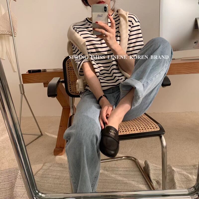 ストライプベーシックラウンドネックプルオーバー Tシャツ トップス Oネック ビッグFスモールZ韓国48568297408