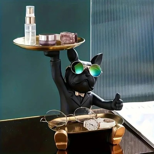 置物　犬　犬の像　ブルドック　いぬ　彫刻　トレイ　ホーム　玄関　リビング　テーブルデコレーション　飾り　装飾品　かわいい　黒　緑　ブラック　グリーン　クリスマスプレゼント　誕生日　ギフト