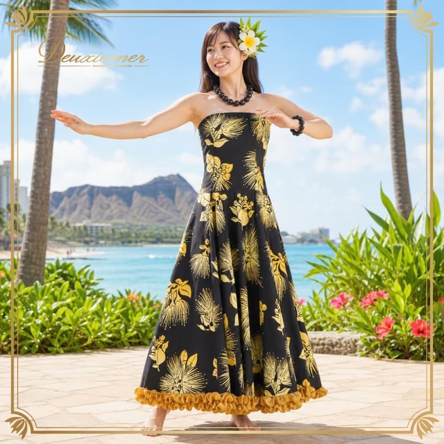 フラダンス 衣装 MermaidLine MMJ マーメイドライン エムエムジェイ ワンピース ドレス ブラック系 日本製 イエロー系 ゴールド系 花柄 植物柄 ハワイアンプリント ハワイアン アロハ フラ ダンス レッスン 練習 フリル オーガンジー 黒 黄 金 華やか 鮮やか かわいい おしゃれ 上品 大人っぽい