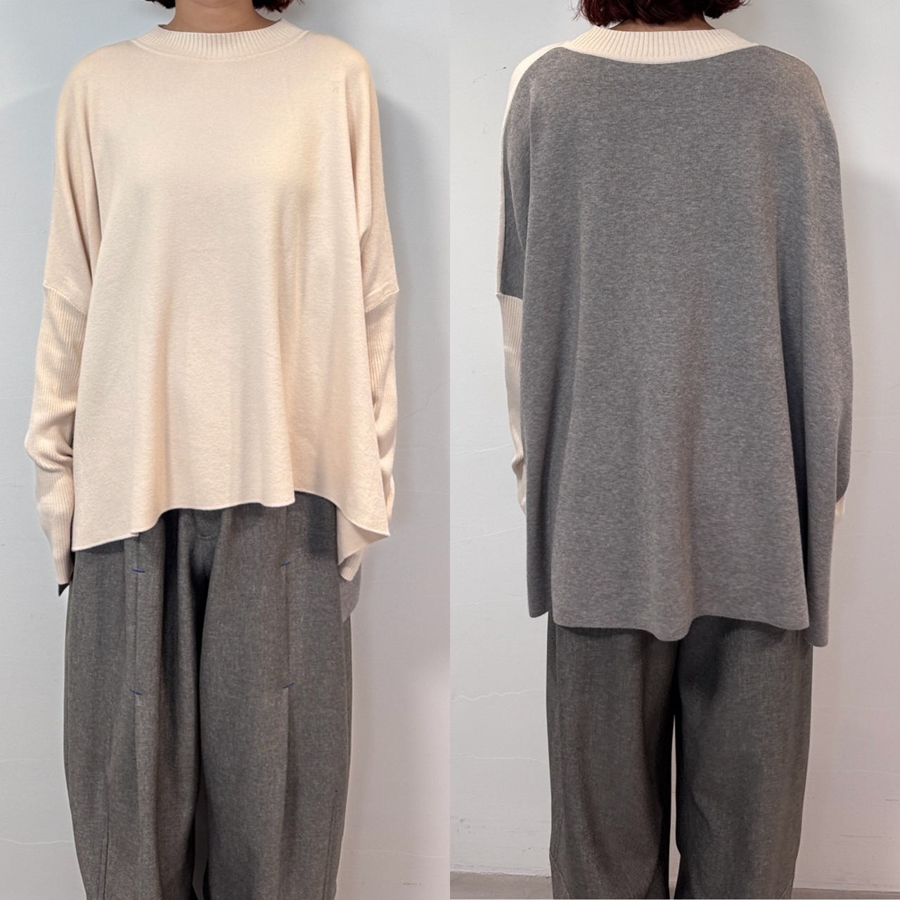 ツートンカラードルマンニットPO/アイボリー×グレー