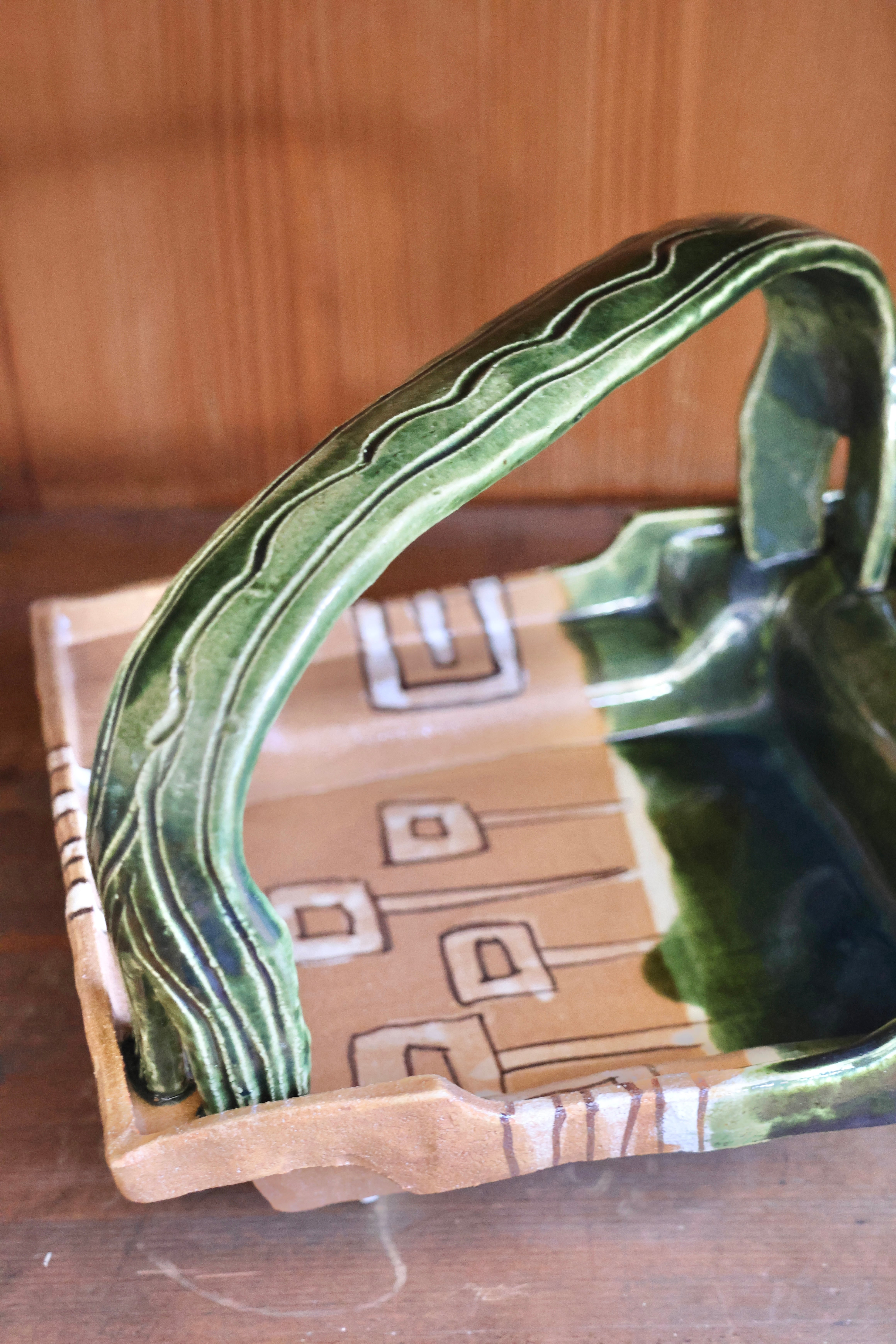 鳴海織部 長佑造 幾何化花文 手鉢 共箱/Oribe ware basket with box