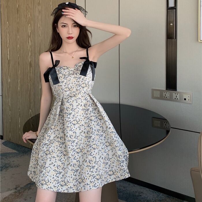 スカート サマースタンダードリボンフローラルウェストドレス レトロ 夏物 花柄 ドラファッションホール75162449745