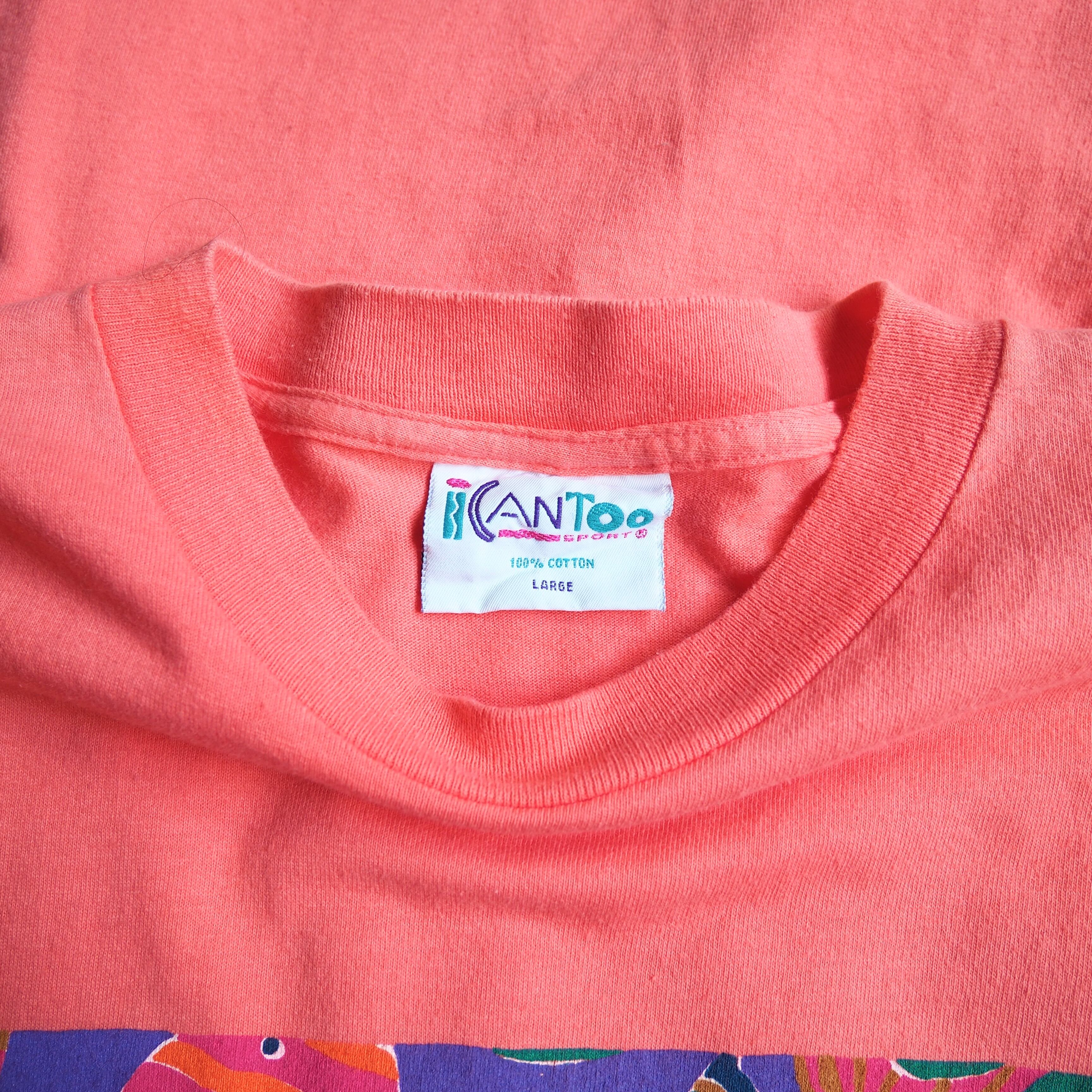 1992s " Made in USA " Fish printed Flamingo pink color vintage loose Tee