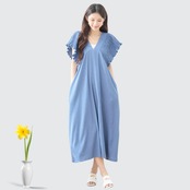 TRUBE フリルシャーリングスリーブVネックロングワンピース【M~L】ブルー