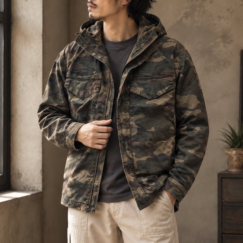 Washed Camouflage Hooded Jacket 00619