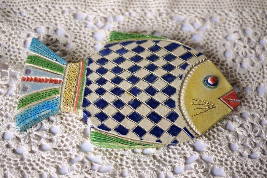 ドイツ 魚の陶板壁掛 バイエルン柄 J.F.F