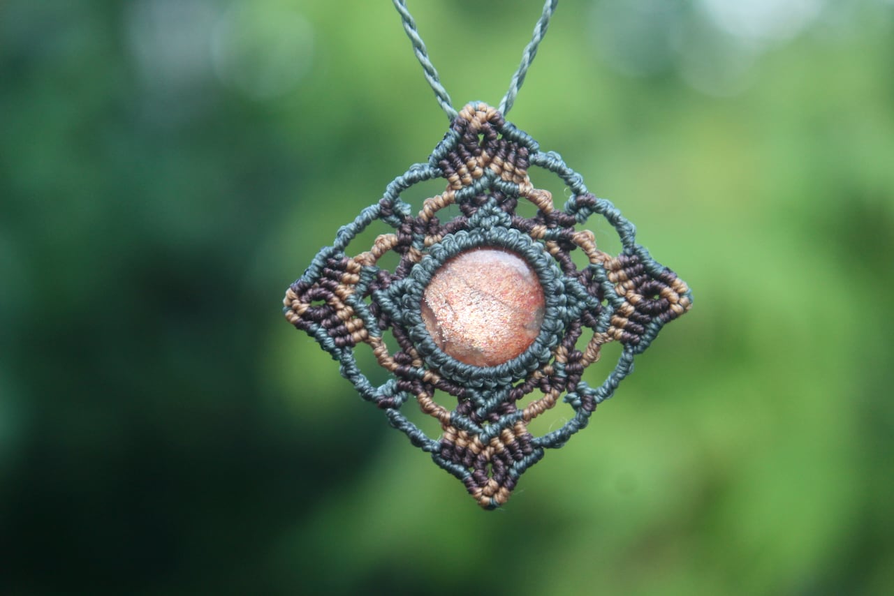 Sunstone micro macrame mandala pendant