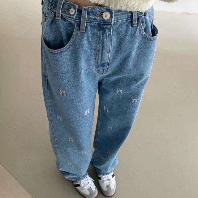 girly cute a lot of embroidered ribbon wide leg denim pants 0906