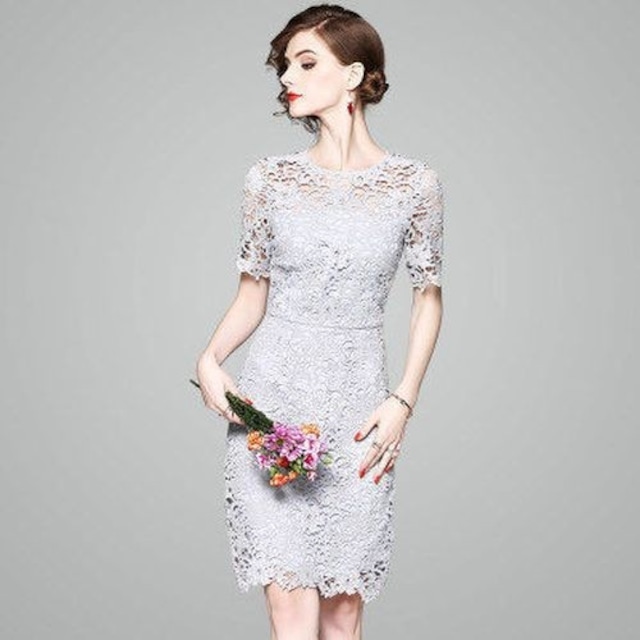 花柄 レース 半袖 ドレス ワンピース フェミニン 上品 ガーリー 清楚 きれいめ 結婚式 お呼ばれ パーティー 大きいサイズ