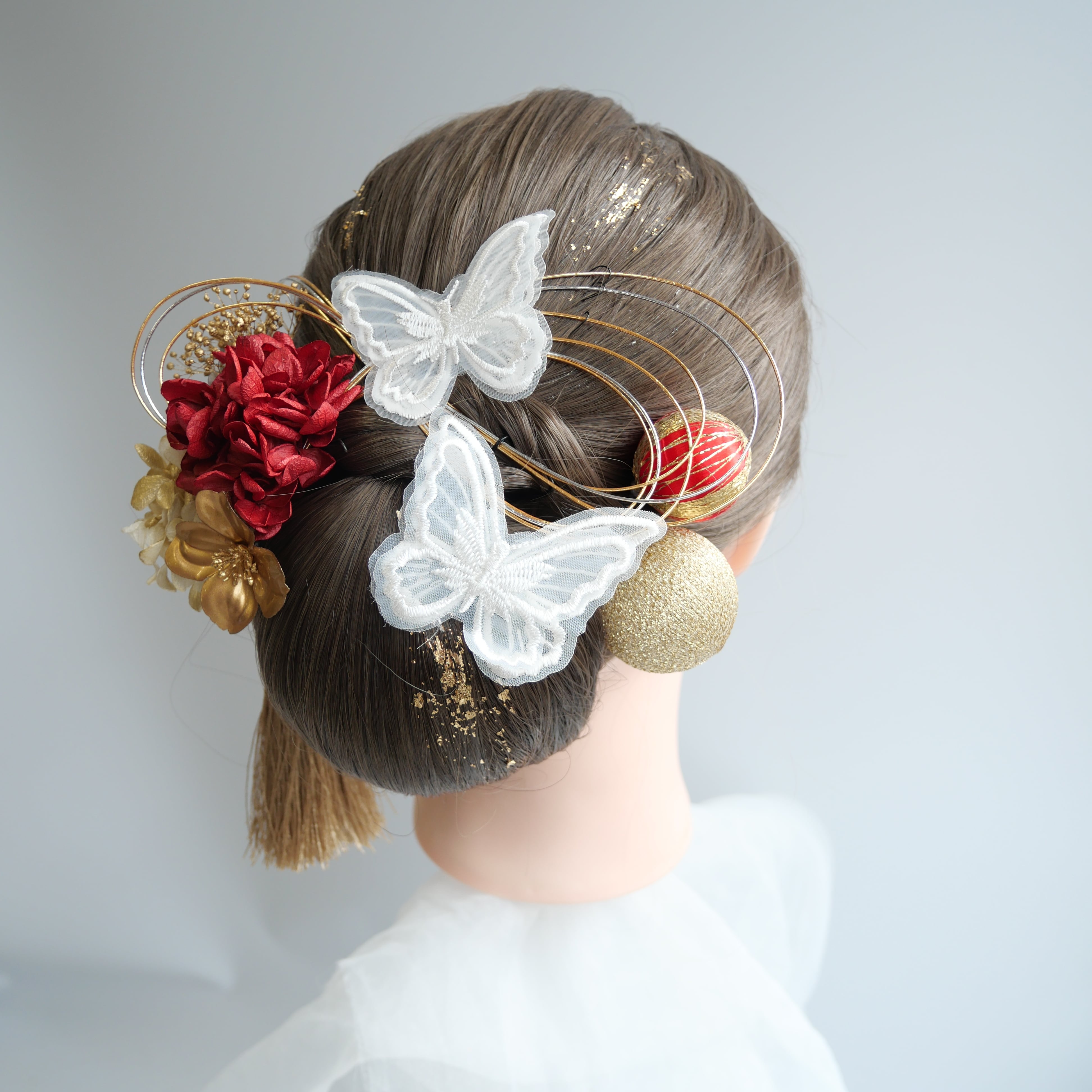 A031 髪飾り ドライフラワー 水引 赤ゴールド シルバー 成人式 振袖