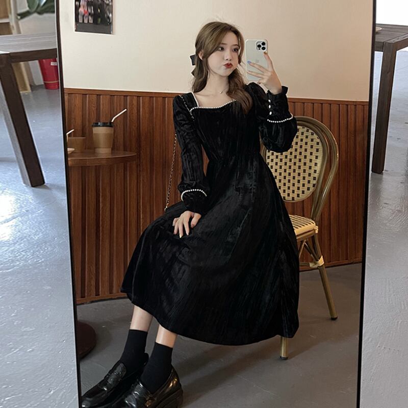 スプリングスタンダードベルベットドレス スタイルロングブラック レトロ 春物 スーパーモール65496790969