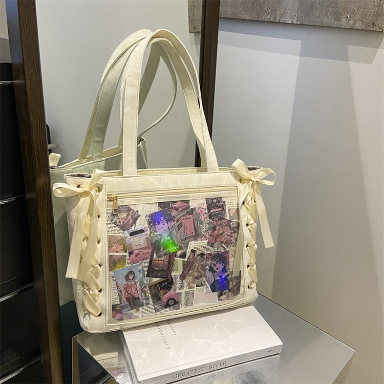 可愛い痛バッグ 学生風 リボン編み上げ PVC 痛ショルダーバッグ 見せ