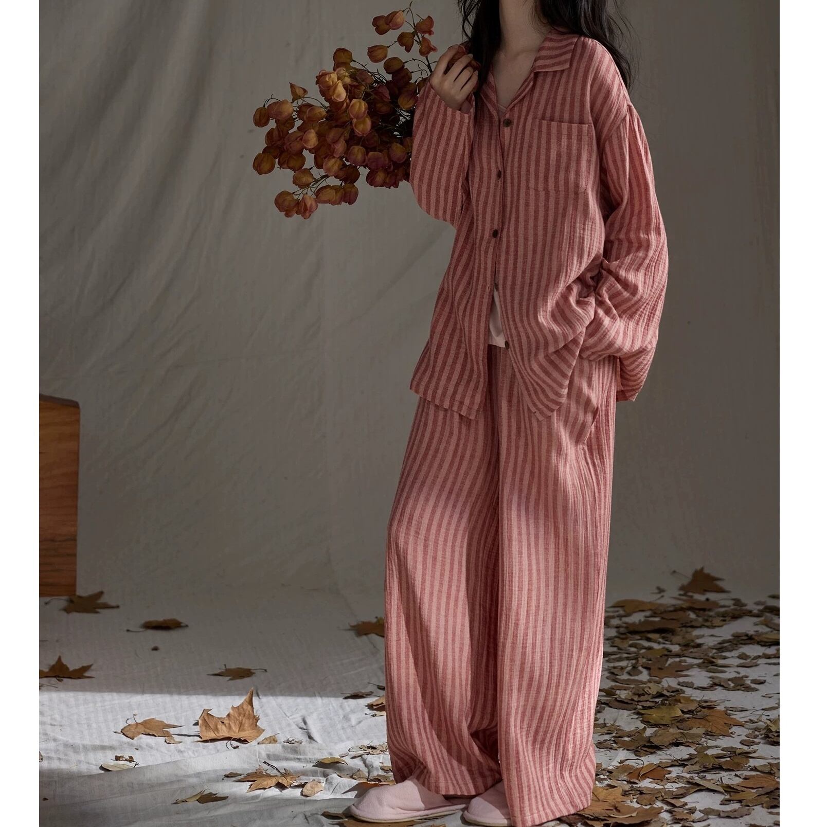 【M-XL】stripe pattern cardigan style pajamas p1732