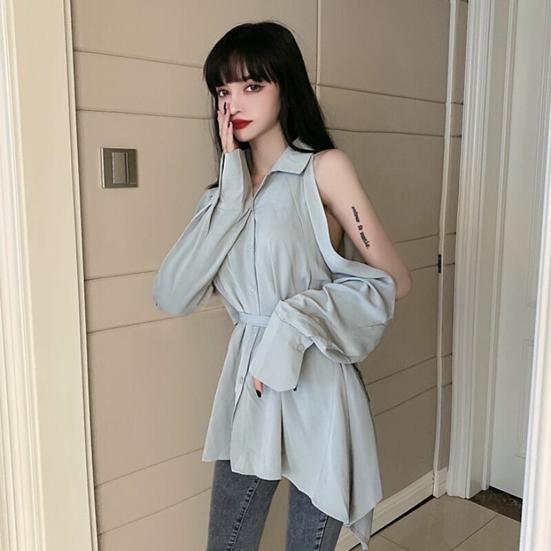 シャツ オータムスタイルウェストトップス ロング 秋物 ハンチェンe18186565723