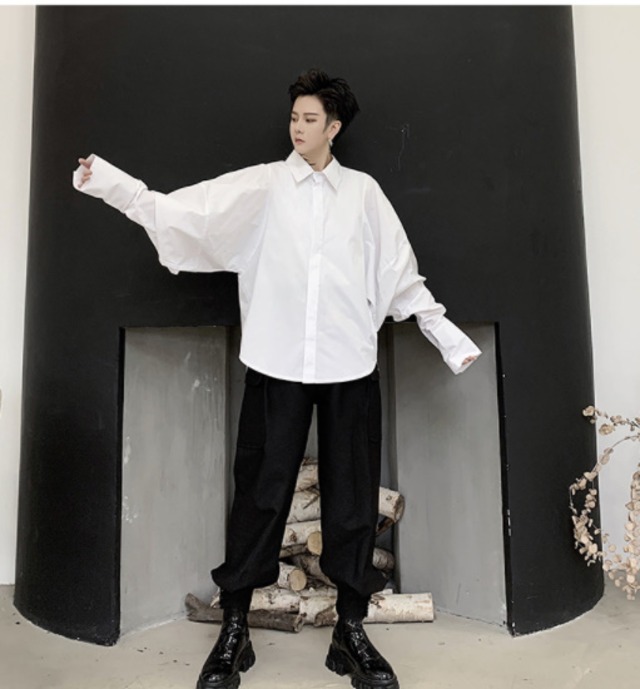 Top Mode バルーンビッグスリーブシャツ バルーンスリーブブラウス オーバーサイズ ビッグシルエット パフスリープ ボリューム袖 バルーン袖 個性的 ゴシックシャツ ダボシャツ 白シャツ 長袖シャツ ワイシャツ メンズ モード系 ストリート 原宿系 ホワイト 白 ブラック