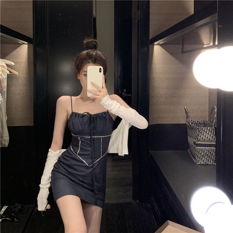 フレンチスリングドレス女性の夏の1単語襟ラインストーンストラップレス気質ショートスカート2020新しいノースリーブスカート ブラックストロベリース32851264704