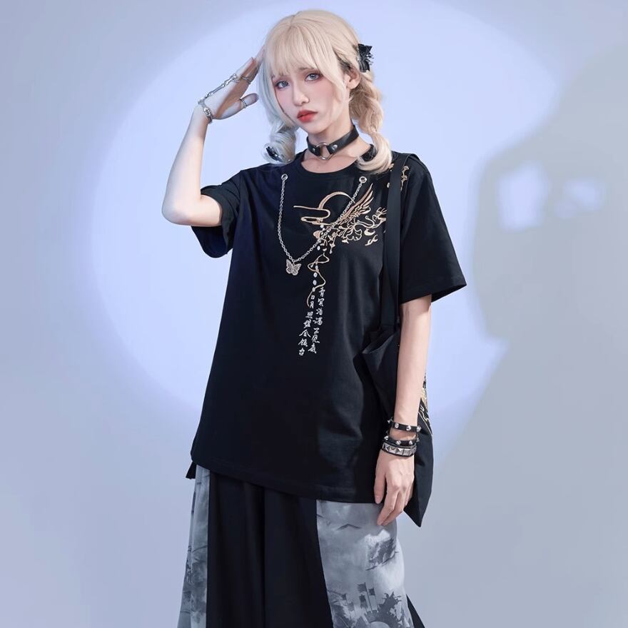 サブカル 服 地雷系 通販 半袖Tシャツ ユニセックス チャイナ風 刺繍