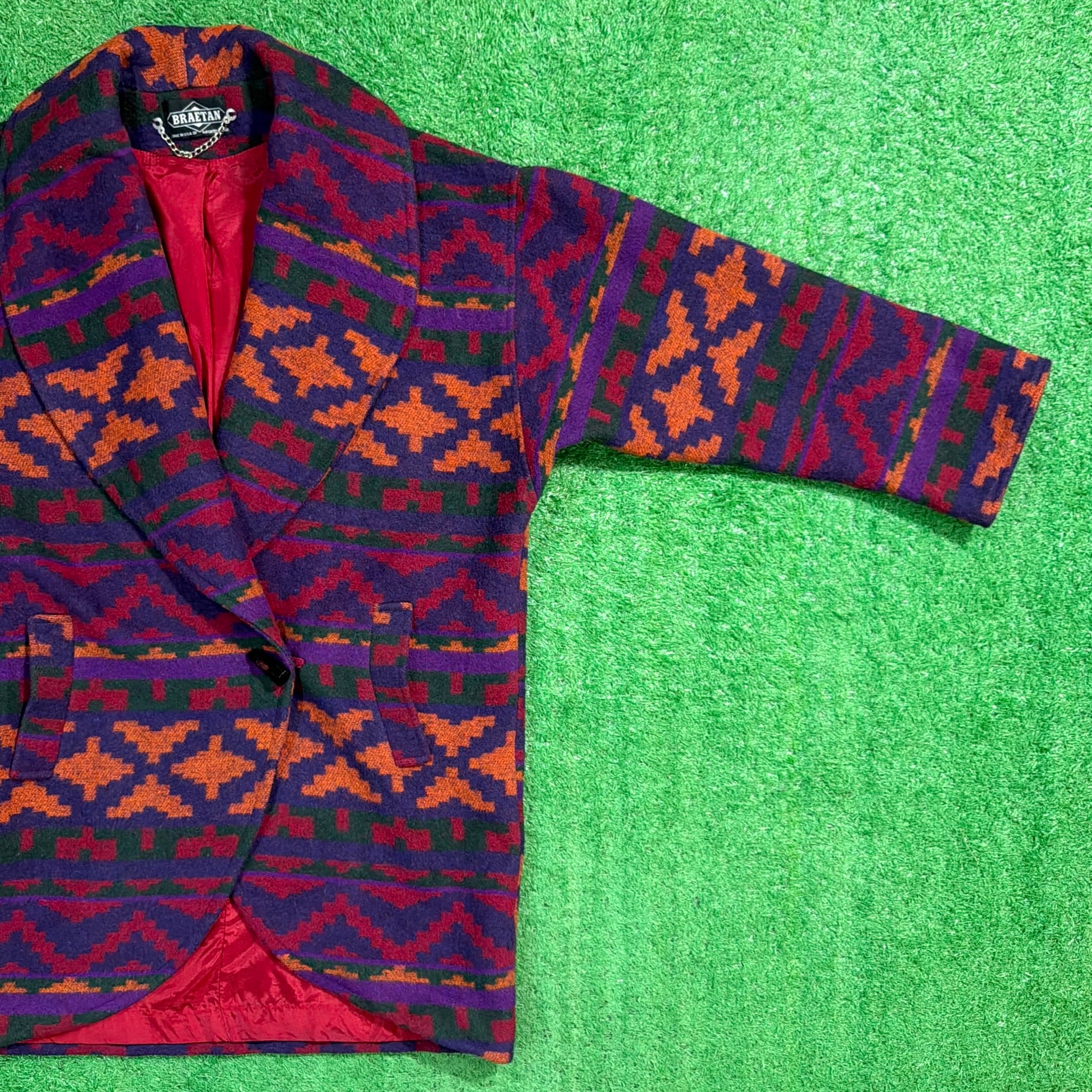 USA製 80s ネイティブ柄 ショート丈ブルゾン 緑黒 短丈 ゆるだぼ 古着 