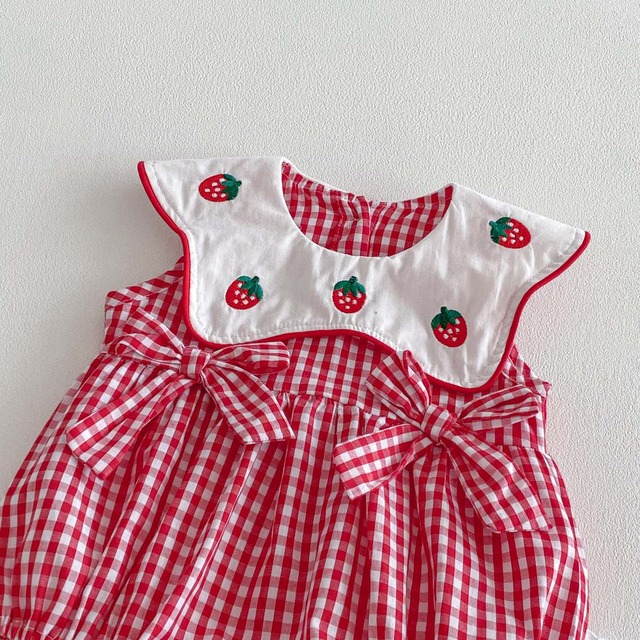 【BABY】ストロベリー刺繍チェック襟付きロンパース - 5