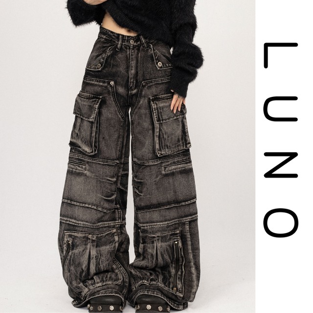 パッチポケット ワイドレッグ フルレングス デニムパンツ L00388