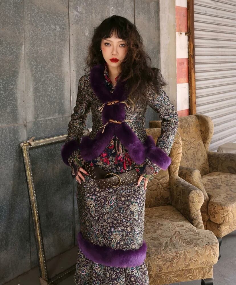 ジャケット】紫 パープル 和柄 コート アウター ファー チャイナ ジャケット】紫 パープル 和柄 コート アウター ファー チャイナ