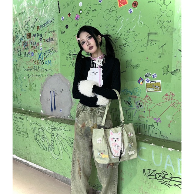 Hottieライトグリーン猫のショルダーバッグ